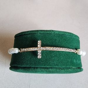 NWOT Faux Pearl and Rhinestone Cross Bracelet